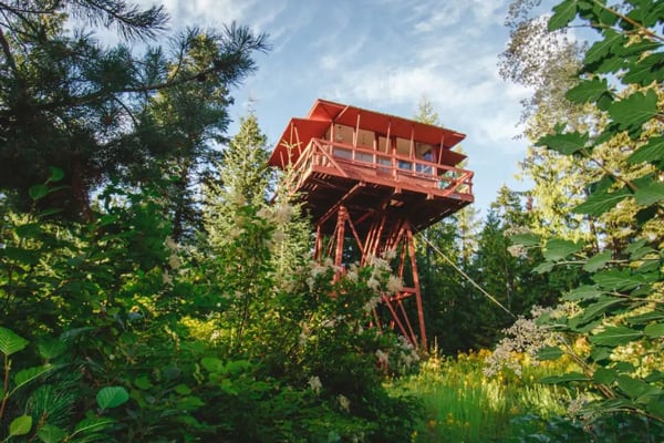 Glamping Idaho crystal peak lookout view of the tower with trees around it