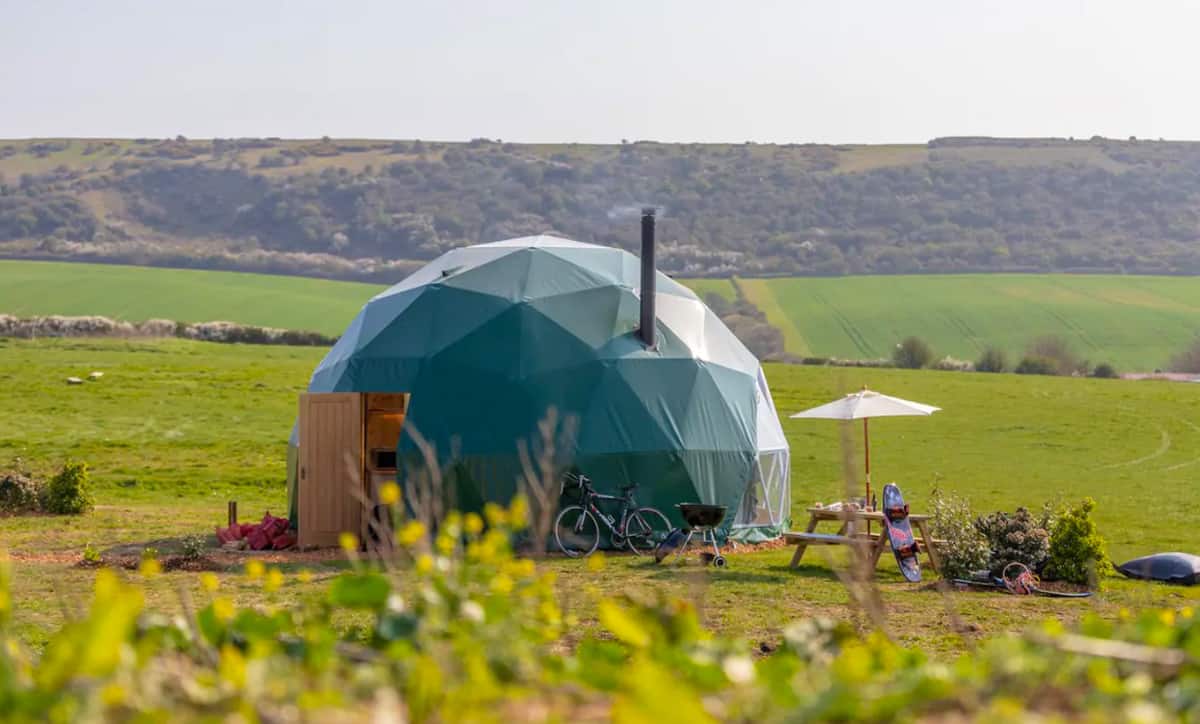 Glamping Dome while Glamping New Forest, view of dome with the New Forest Countryside in the background