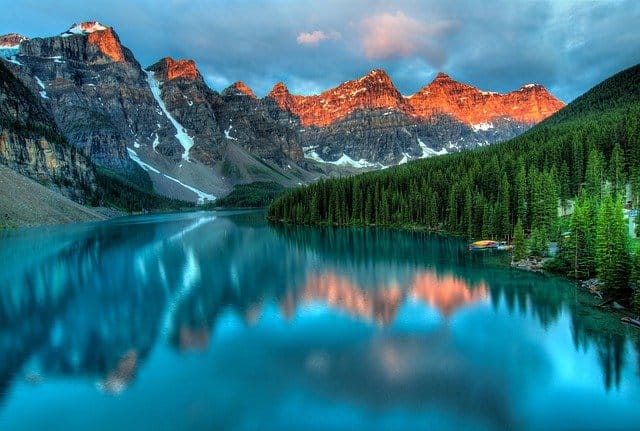 View of Banff National Park mountains and lake while Glamping Alberta