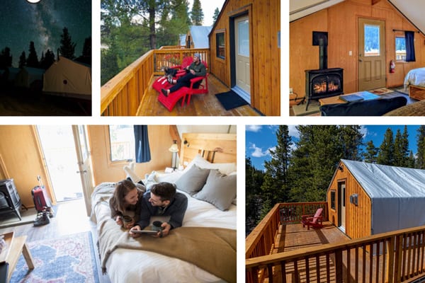 Mount Engadine Lodge Alberta Glamping Tents multiple pictures of the outside of the tent with deck and inside of tent with bed and people