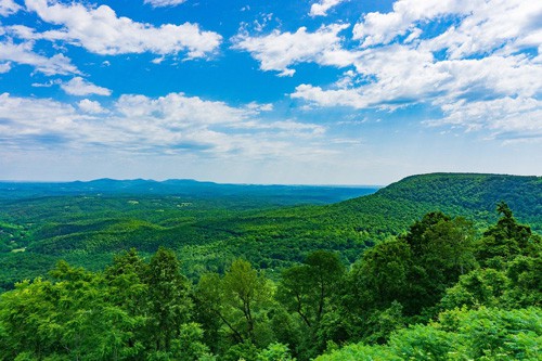 Arkansas Ozarks glamping view from above and green forests below