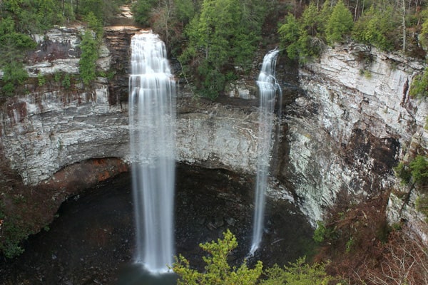 Falls Creek Falls while Glamping Tennessee view of tall falls in a canyon
