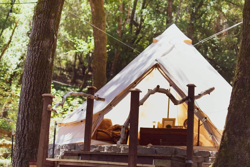 Soquel glamping tent Bay Area view of front of tent with wooden stairs and tree around it