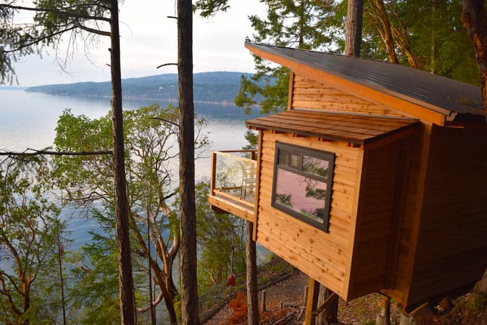 treehouse Salt Spring Island view of treehouse with ocen and trees in the background
