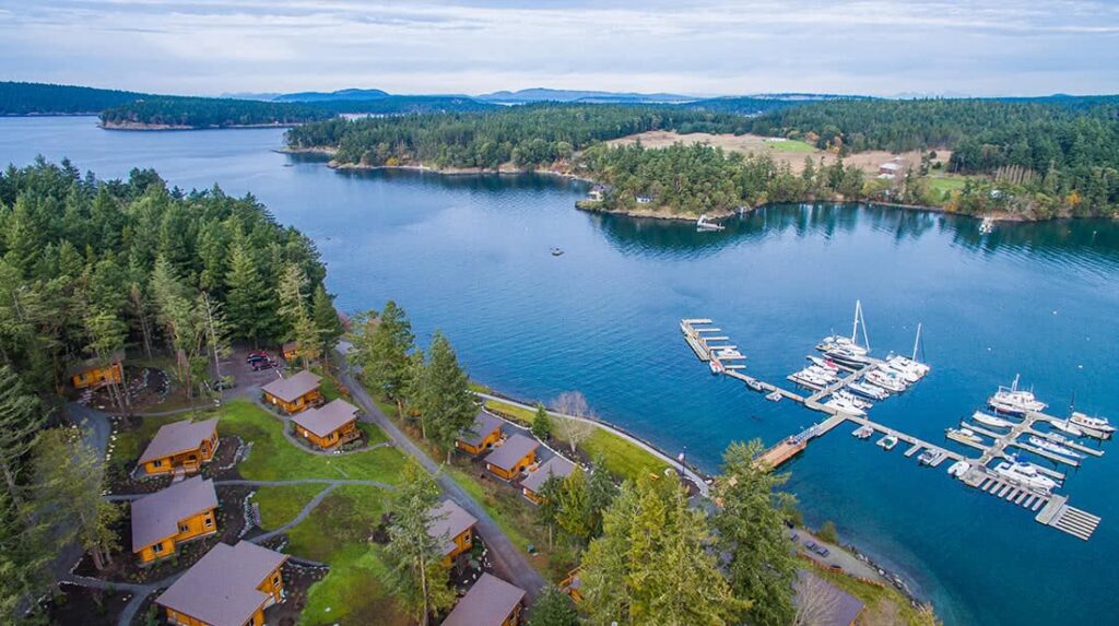 Aerial View Snug Harbor Resort for Glamping San Juan Island