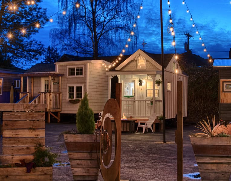 Tiny House at night with twinkle lights